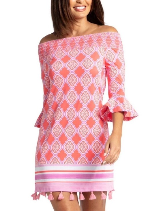 Cabana Life Dresses & Skirts - Cabana Life St. Barts Off the Shoulder Dress Coral Geo Coverluxe Smocked Dress